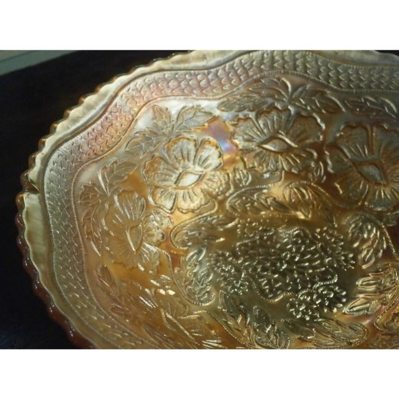 Edwardian Marigold Footed Carnival Glass Bowl Orange Iridescent Shimmer Display - Picture 5 of 6